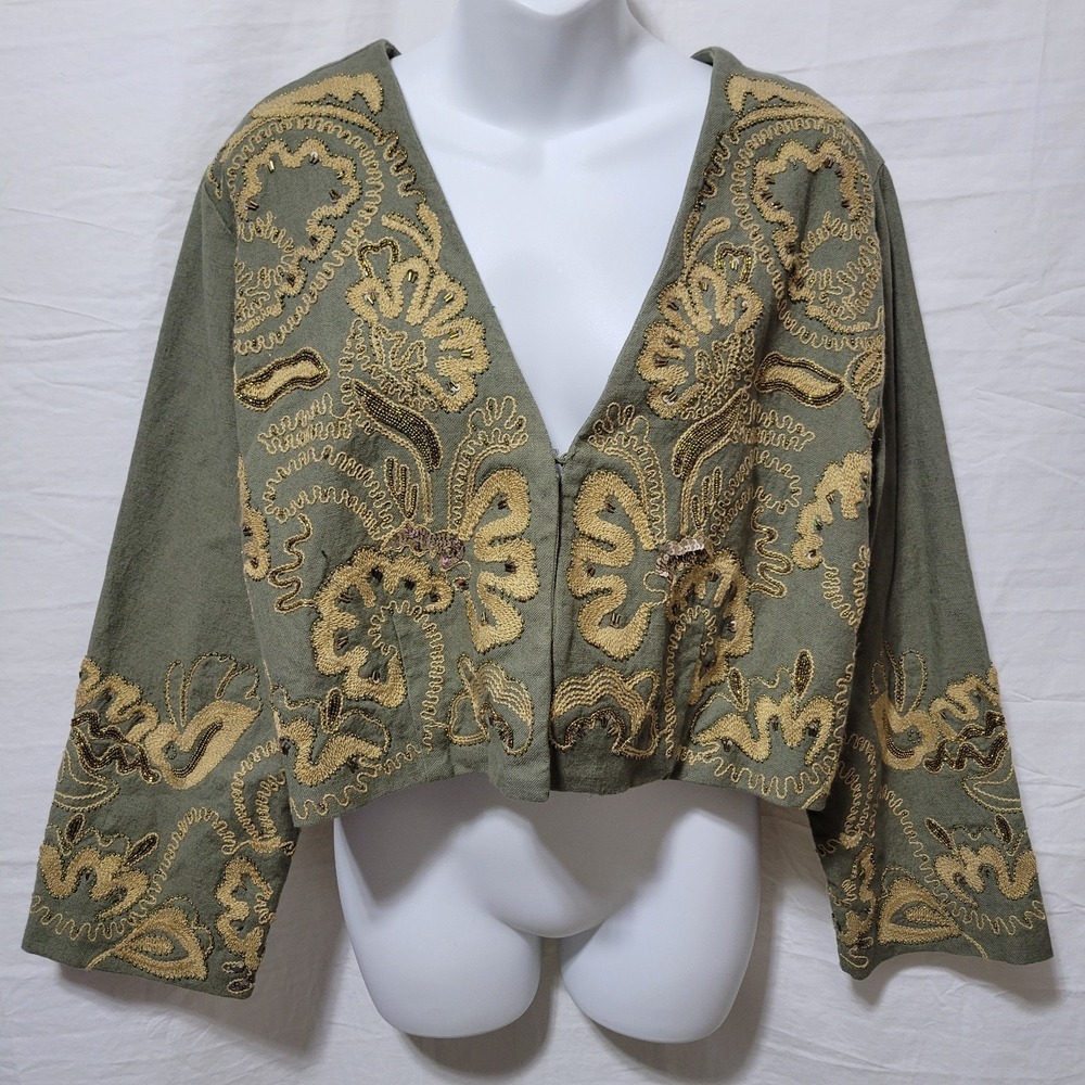 Soft Surroundings Sz XL Turks Bolero Cropped Jacket Beaded Olive Green
